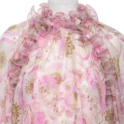 Pre Owned Zimmermann Pink Floral Printed Silk Ruffled Blouse S