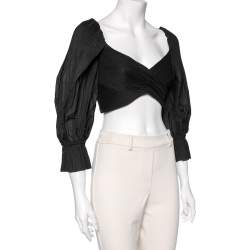 Pre Owned Zimmermann Black Mesh Plissé Pleated Balloon Sleeve Crop Top M