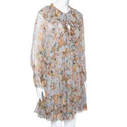 Pre Owned Zimmermann Grey Floral Printed Ruffled Trim Detailed Dress M