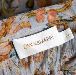 Pre Owned Zimmermann Grey Floral Printed Ruffled Trim Detailed Dress M