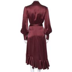 Pre Owned Zimmermann Burgundy Silk Ruffled Asymmetrical Wrap Dress L