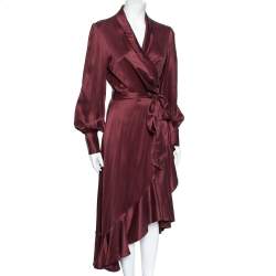 Pre Owned Zimmermann Burgundy Silk Ruffled Asymmetrical Wrap Dress L