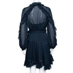Pre Owned Zimmermann Navy Blue Striped Silk Ruffled Wrap Dress L