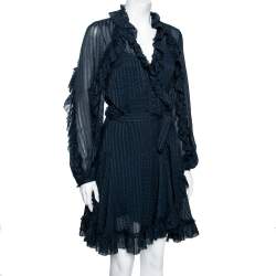 Pre Owned Zimmermann Navy Blue Striped Silk Ruffled Wrap Dress L