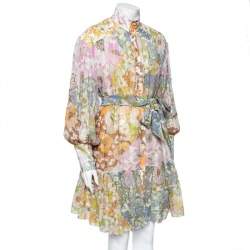 Pre Owned Zimmermann Multicolored Floral Printed Cotton & Silk Belted Dress L