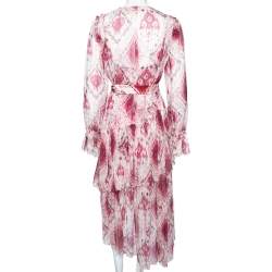 Pre Owned Zimmermann Pink Printed Silk Chiffon Long Sleeve Belted Dress L