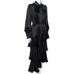 Pre Owned Zimmermann Black Silk Stain Ruffle Tiered Belted Dress L