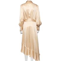 Pre Owned Zimmermann Gold Silk Ruffled Asymmetrical Wrap Dress L