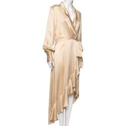 Pre Owned Zimmermann Gold Silk Ruffled Asymmetrical Wrap Dress L