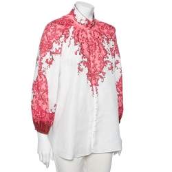 Pre Owned Zimmermann White and Pink Nina Printed Ramie Blouson Sleeves Blouse S