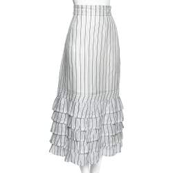 Pre Owned Zimmermann White Striped Linen & Silk Tiered Midi Skirt M