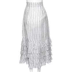 Pre Owned Zimmermann White Striped Linen & Silk Tiered Midi Skirt M