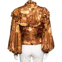 Pre Owned Zimmermann Metallic Brown Floral Print Silk Ruffled and Ruched Detailed Zipped Cuff Blouse S