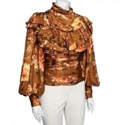Pre Owned Zimmermann Metallic Brown Floral Print Silk Ruffled and Ruched Detailed Zipped Cuff Blouse S