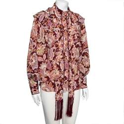 Pre Owned Zimmermann Burgundy Printed Silk Tie Neck Ruffled Blouse XS