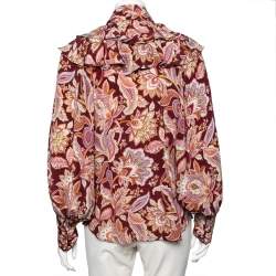 Pre Owned Zimmermann Burgundy Printed Silk Tie Neck Ruffled Blouse XS