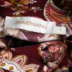 Pre Owned Zimmermann Burgundy Printed Silk Tie Neck Ruffled Blouse XS
