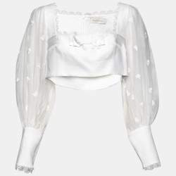 Pre Owned Zimmermann White Linen Lace Trimmed Balloon Sleeve Crop Top L