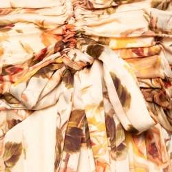 Pre Owned Zimmermann Beige Floral Printed Silk Ruched and Draped Detail Mock Neck Maxi Dress S