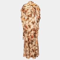 Pre Owned Zimmermann Beige Floral Printed Silk Ruched and Draped Detail Mock Neck Maxi Dress S