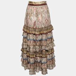Pre Owned Zimmermann Multicolor Printed Silk Freja Scarf Tie Ruffled Tiered Skirt S