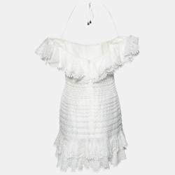 Pre Owned Zimmermann White Linen Off Shoulder Scalloped Hem Tonal Embroidery Pleated Dress S