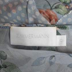 Pre Owned Zimmermann Blue Floral Printed Silk Chiffon Ruffle Trimmed Dress S