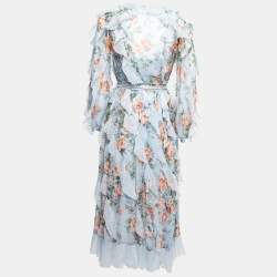 Pre Owned Zimmermann Blue Floral Printed Silk Chiffon Ruffle Trimmed Dress S