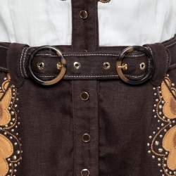 مملوكة مسبقًا Zimmermann White & Brown Linen Zippy Dandy Studded Belted Dress M