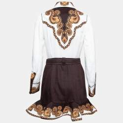 مملوكة مسبقًا Zimmermann White & Brown Linen Zippy Dandy Studded Belted Dress M