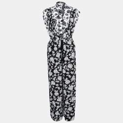 Pre Owned Zimmermann Black and White Rose Print Crepe Shirt and Trouser Suit S
