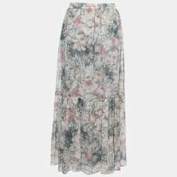 Pre Owned Zimmermann Grey Floral Printed Silk Pleated Hem Maxi Skirt S