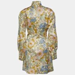 Pre Owned فستان ميني زيمرمان سوبر أيت مزركش ورد أصفر أكمام بالون مقاس متوسط - ميديوم