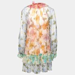 Pre Owned Zimmermann Multicolor Floral Print Silk Ruffled Mini Dress L