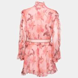 Pre Owned Zimmermann Pink Floral Printed Silk Chiffon Ruffle Trimmed Belted Jumpsuit L