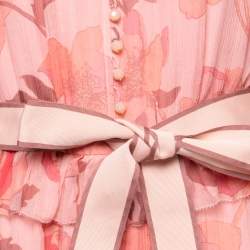 Pre Owned Zimmermann Pink Floral Printed Silk Chiffon Ruffle Trimmed Belted Jumpsuit L
