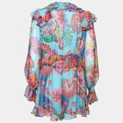 Pre Owned Zimmermann Blue Floral Printed Silk Chiffon Ruffled Jumpsuit L