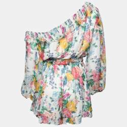 Pre Owned Zimmermann White Floral Printed Silk Chiffon One-Shoulder Jumpsuit M