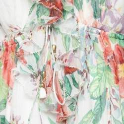 Pre Owned Zimmermann White Floral Printed Silk Chiffon Ruffle Trimmed Jumpsuit L