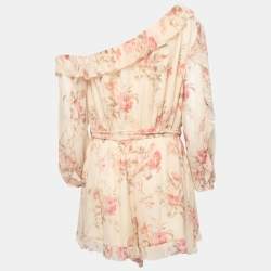 Pre Owned Zimmermann Light Yellow Floral Print Silk Ruffled Off-Shoulder Jumpsuit L