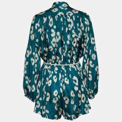 Pre Owned  Zimmermann Teal Leopard Print Silk Billow Playsuit S