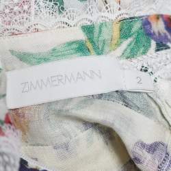 مملوكة مسبقًا Zimmermann White Floral Print Linen Lace Paneled Allia Midi Dress M
