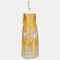 Zimmermann Yellow Floral Print Cotton Confetti Scallop Tie Dress M