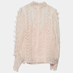 Pre Owned Zimmermann Peach Linen Silk Lace Butterfly Flutter Blouse L