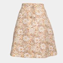 Zimmermann Orange Floral Printed Linen Lace-Up Mini Skirt L