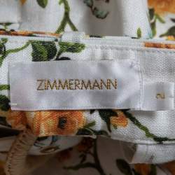 Pre Owned Zimmermann White Floral Printed Linen Belted Straight Pants M