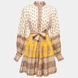 Zimmermann Cream & Yellow Paisley Printed Belted Mini Dress M