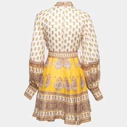 Zimmermann Cream & Yellow Paisley Printed Belted Mini Dress M
