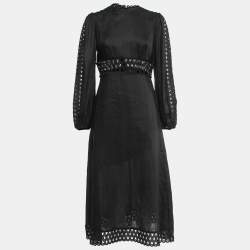 Zimmermann Black Linen Eyelet Lace Trim Midi Dress M