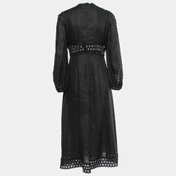 Zimmermann Black Linen Eyelet Lace Trim Midi Dress M